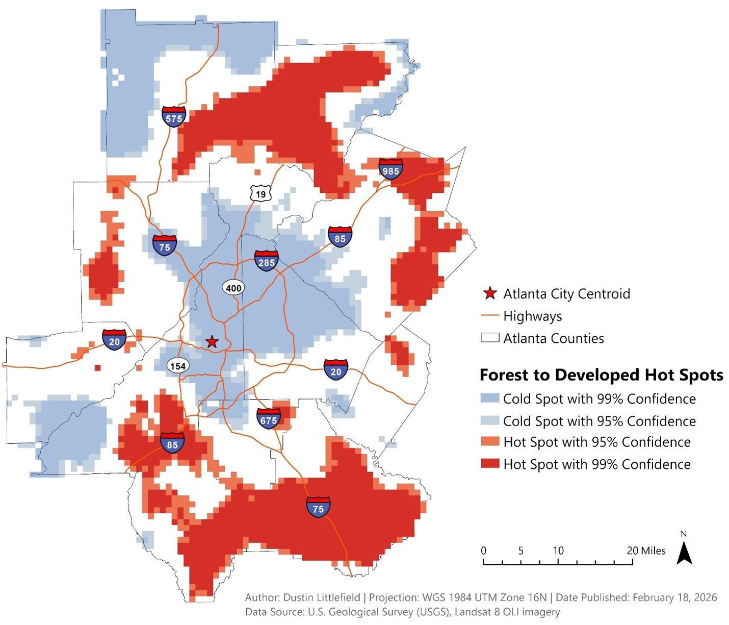 Hot spot analysis of developed forest land conducted with Getis Gi* algorithm