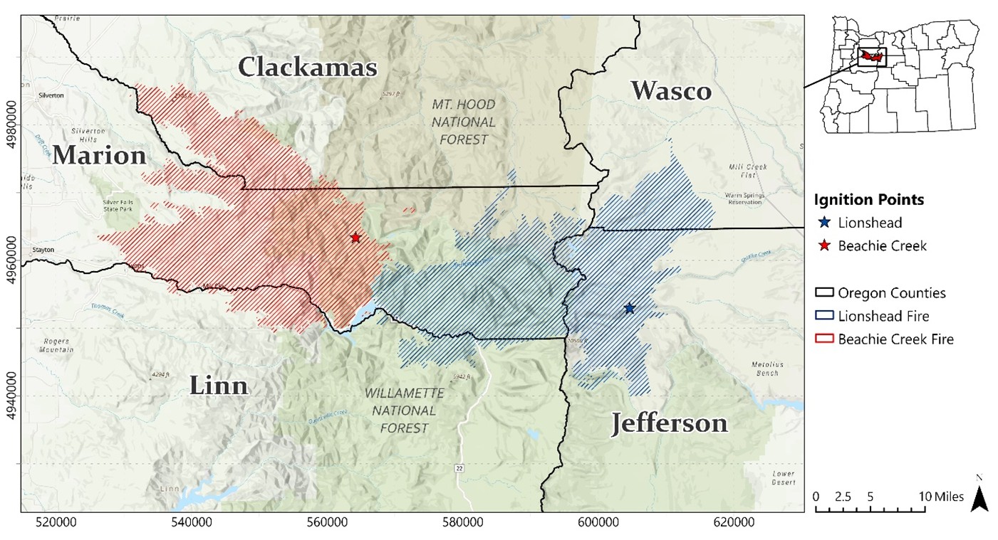 Overview map of the Beachie Creek–Lionshead Complex burn area
