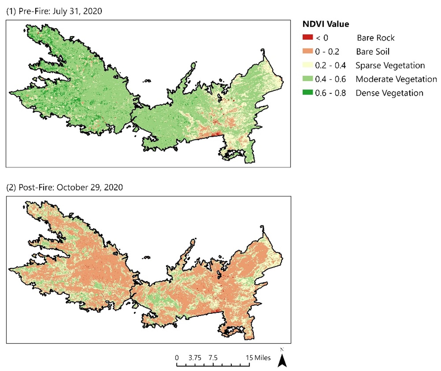 NDVI overlays of pre- and post-fire Sentinel-2B imagery for the Beachie Creek–Lionshead Complex